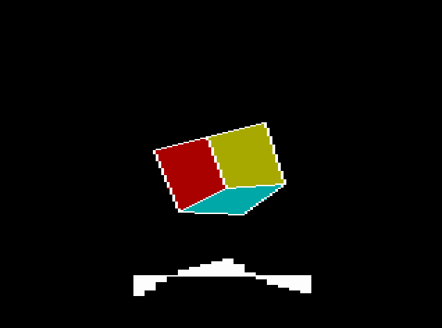 A solid cube with red, yellow and cyan sides, an oscilloscope trace below it