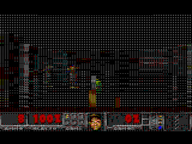 DOOM running on the CoCo 3: a tech-base corridor with a monster, DOOM's status bar below