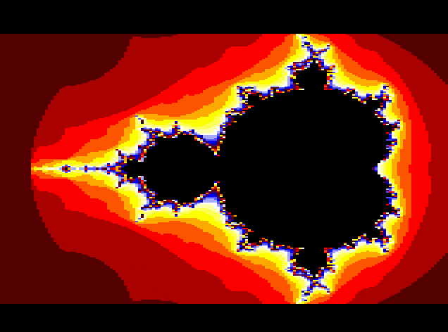 The Mandelbrot set in red, orange and yellow bands, drawn by the CoCo 3