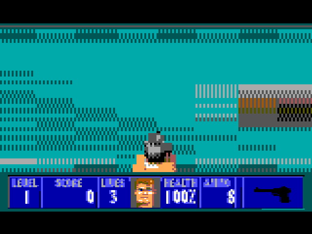 Wolfenstein 3D running on the CoCo 3: a corridor of stone walls, the status bar with BJ's face below